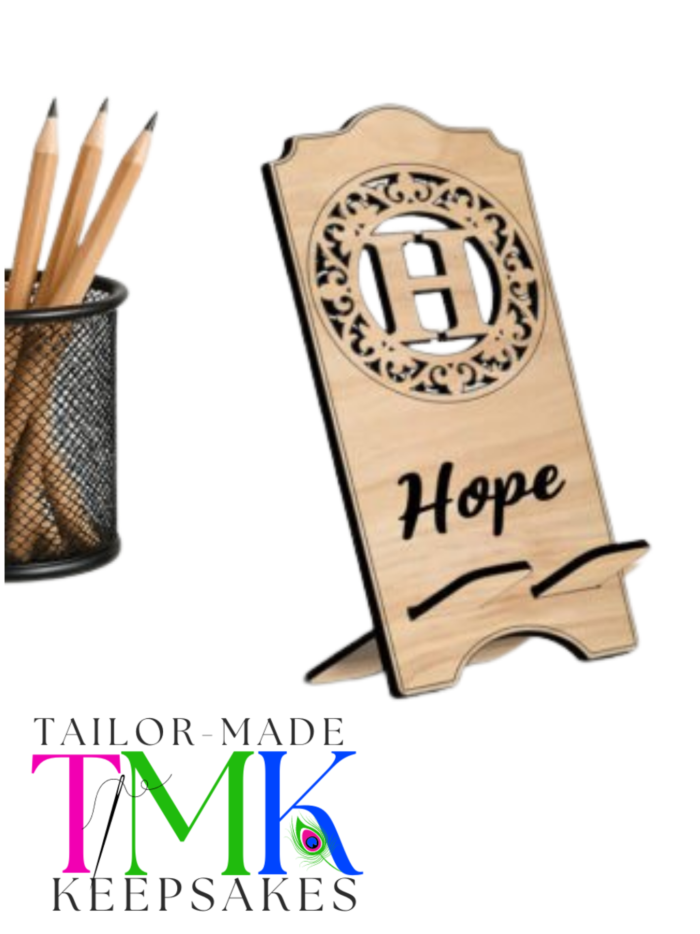 Personalized Cell Phone Stand with Decorative Initial | Tailor-Made Keepsakes