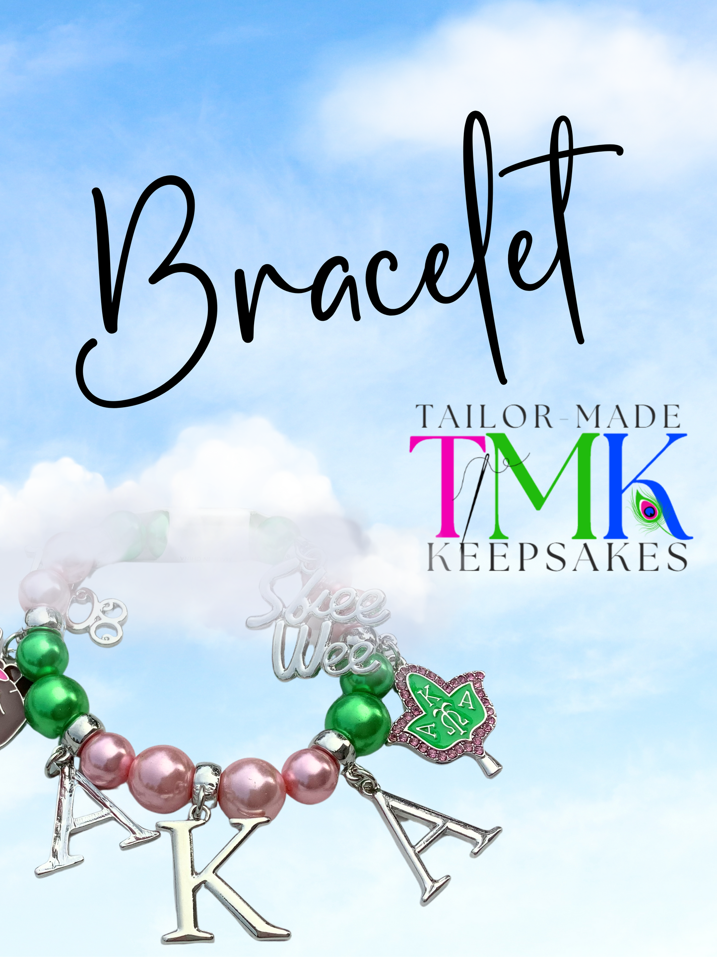Elastic beaded sorority bracelet with charms in pink and green and silver.