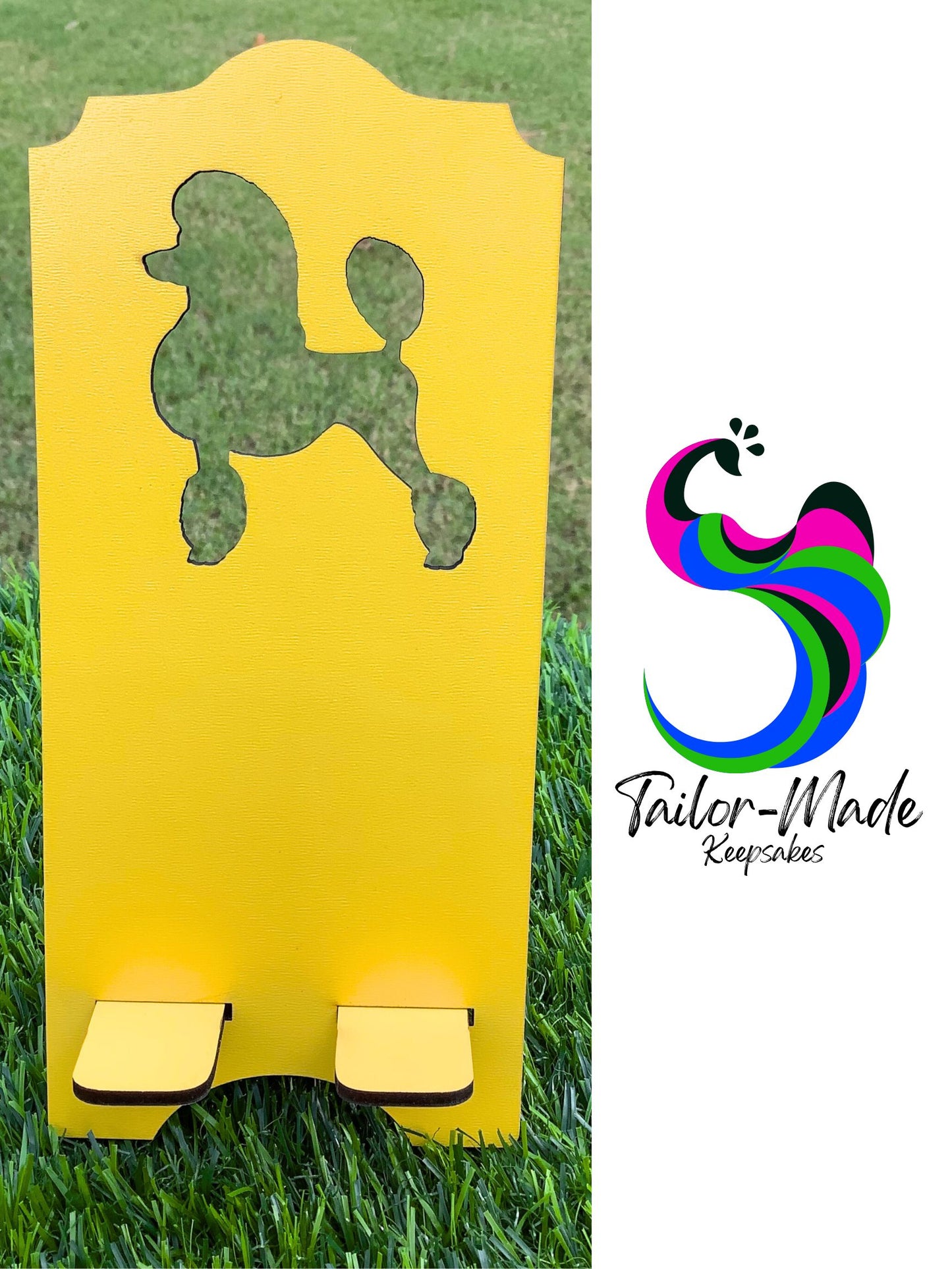 Yellow phone stand with poodle silhouette in the middle.
Great Crossing gift or desk decor.