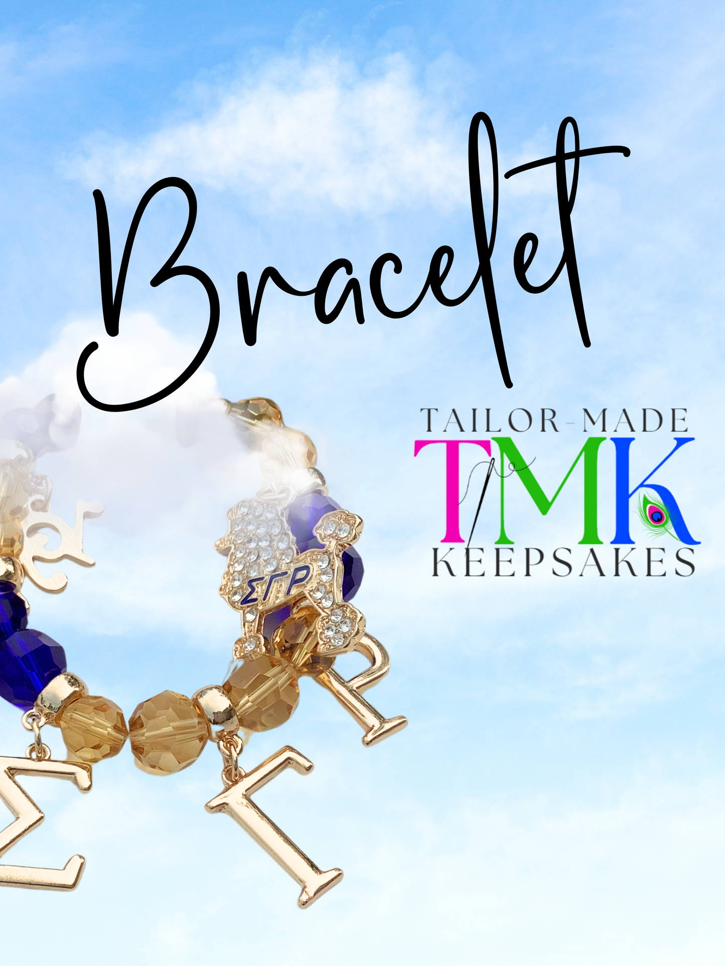 Elastic beaded sorority bracelet with charms in blue and gold