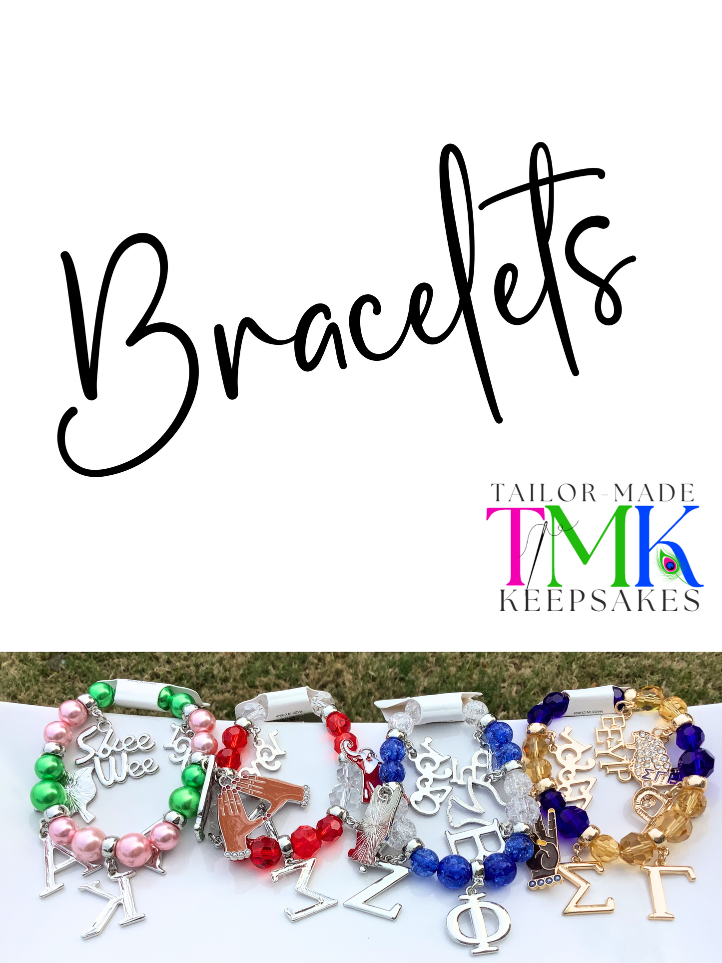 Elastic beaded sorority bracelet with charms in pink and green, red and white, blue and gold