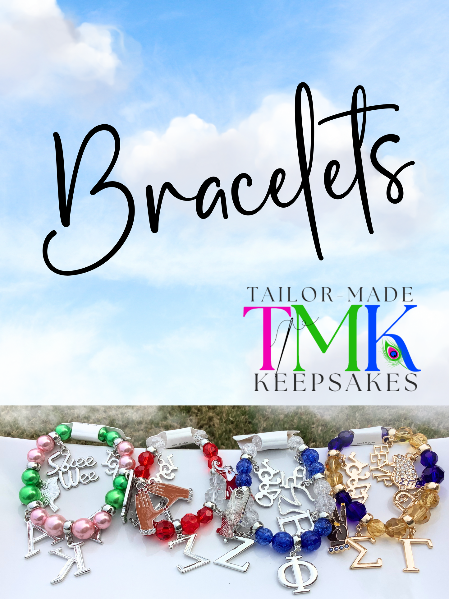 Elastic beaded sorority bracelet with charms in pink and green, red and white, blue and gold, and blue and white