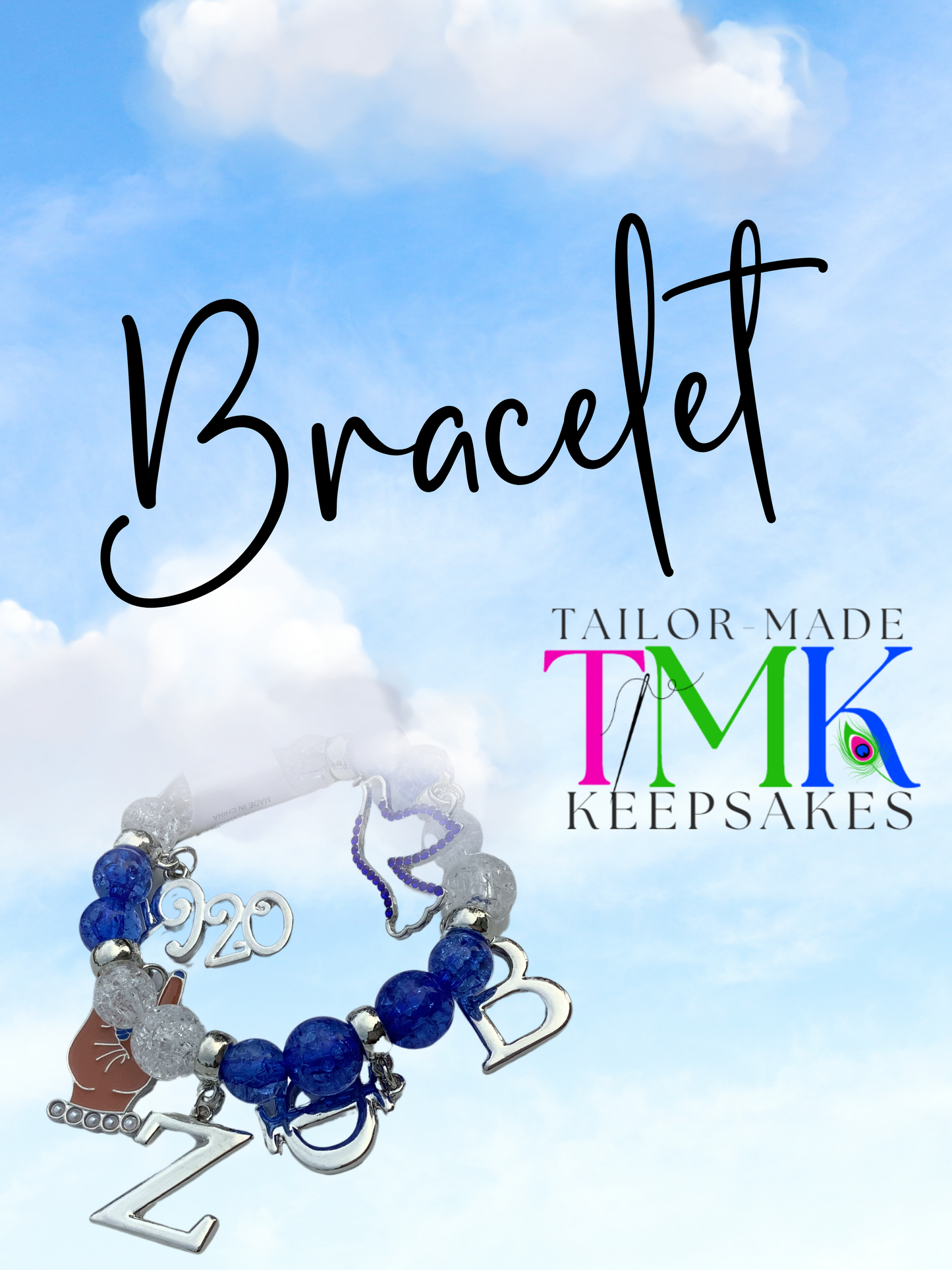 Elastic beaded sorority bracelet with charms in blue and white and silver.