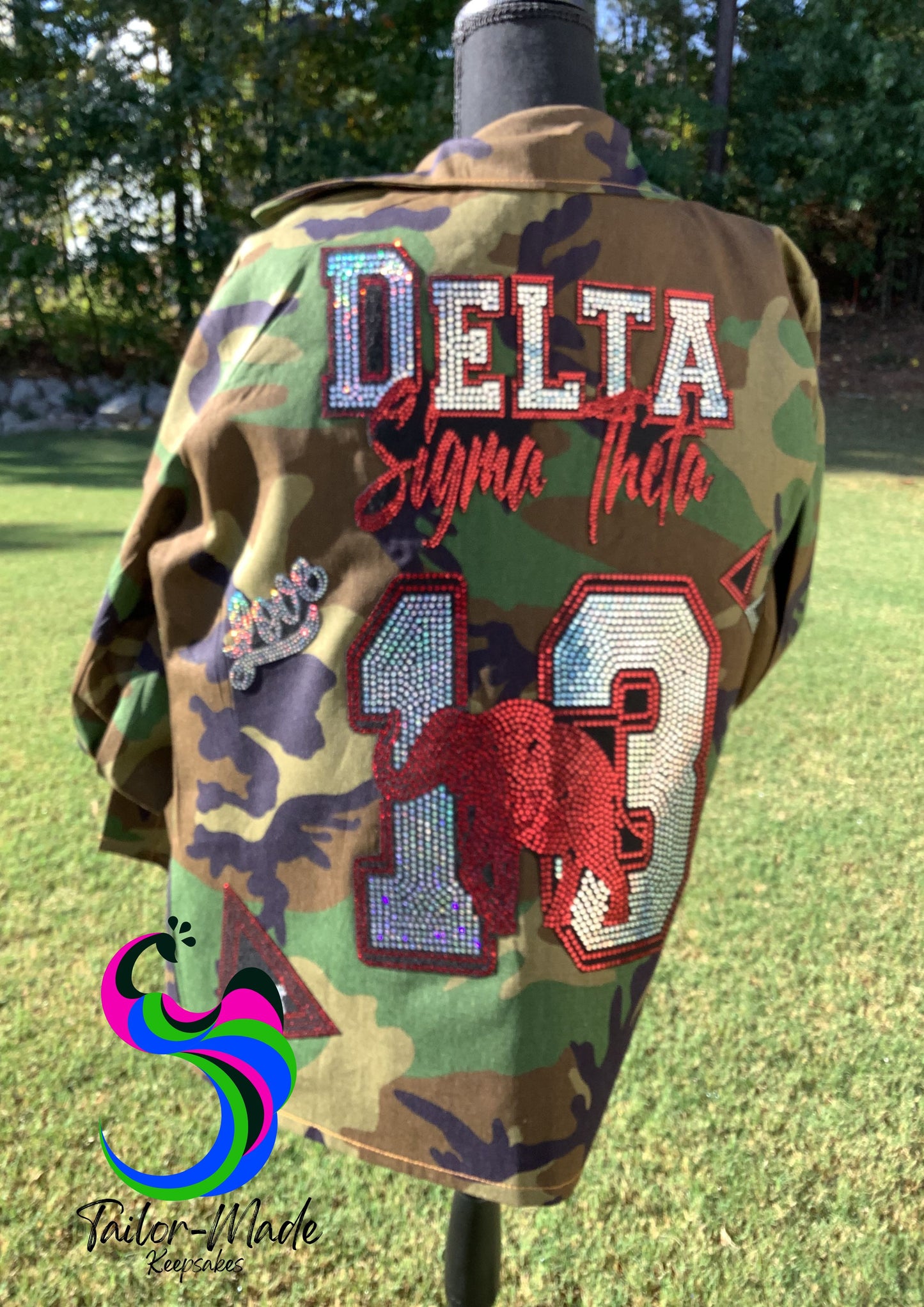 Delta Sigma Theta camo jacket, DST red and white apparel, custom Delta jacket, handmade sorority jacket, Delta Sigma Theta clothing, sorority gift ideas, DST spangle patch jacket, Delta line reveal outfit