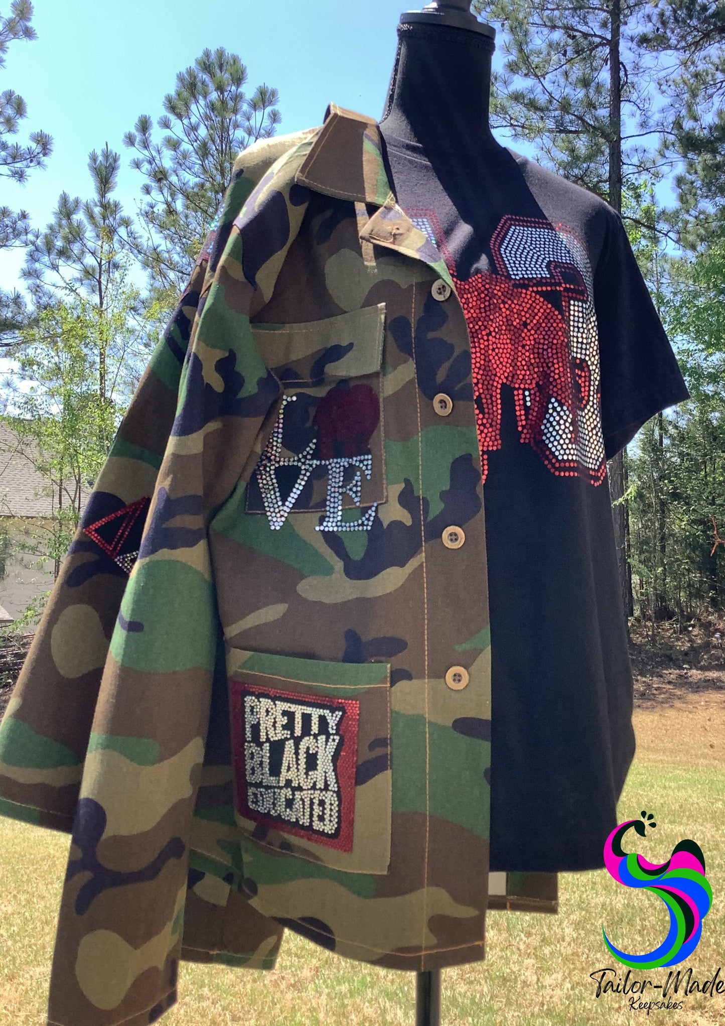 Camo Jacket – Lightweight Red & White Bling Patch Sorority Shirt Jacket| Tailor-Made Keepsakes