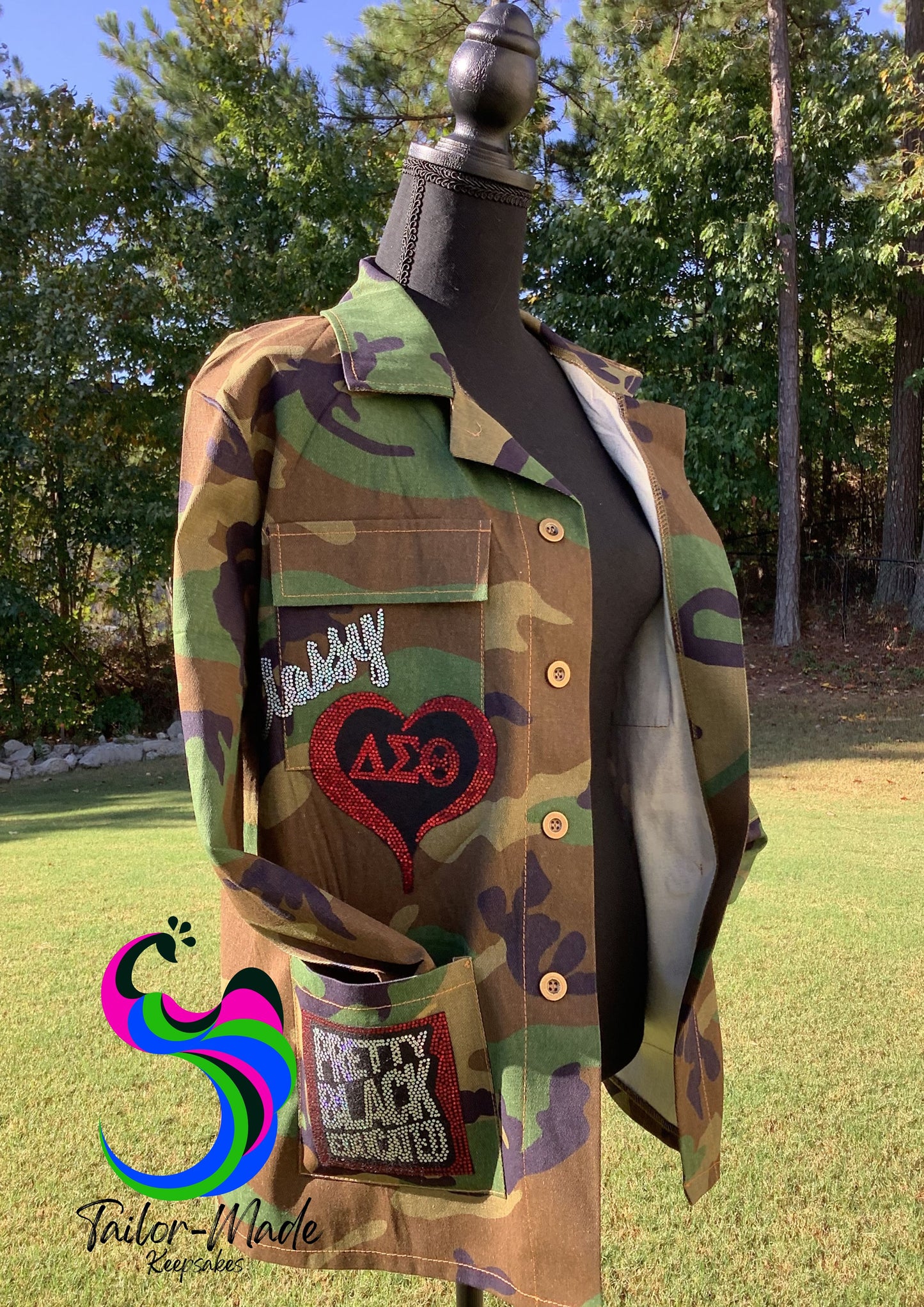 Delta Sigma Theta camo jacket, DST red and white apparel, custom Delta jacket, handmade sorority jacket, Delta Sigma Theta clothing, sorority gift ideas, DST spangle patch jacket, Delta line reveal outfit