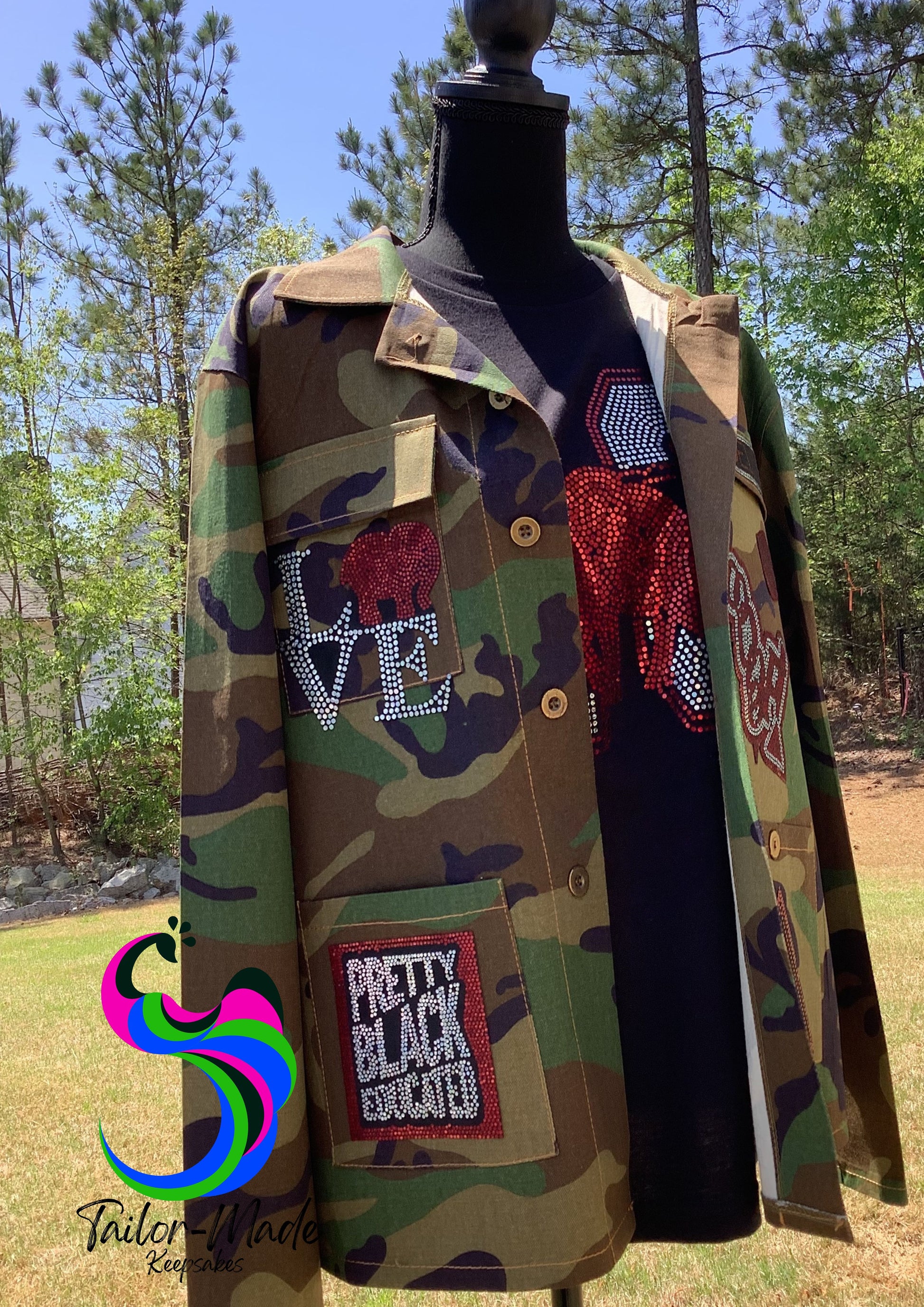 Delta Sigma Theta camo jacket, DST red and white apparel, custom Delta jacket, handmade sorority jacket, Delta Sigma Theta clothing, sorority gift ideas, DST spangle patch jacket, Delta line reveal outfit
