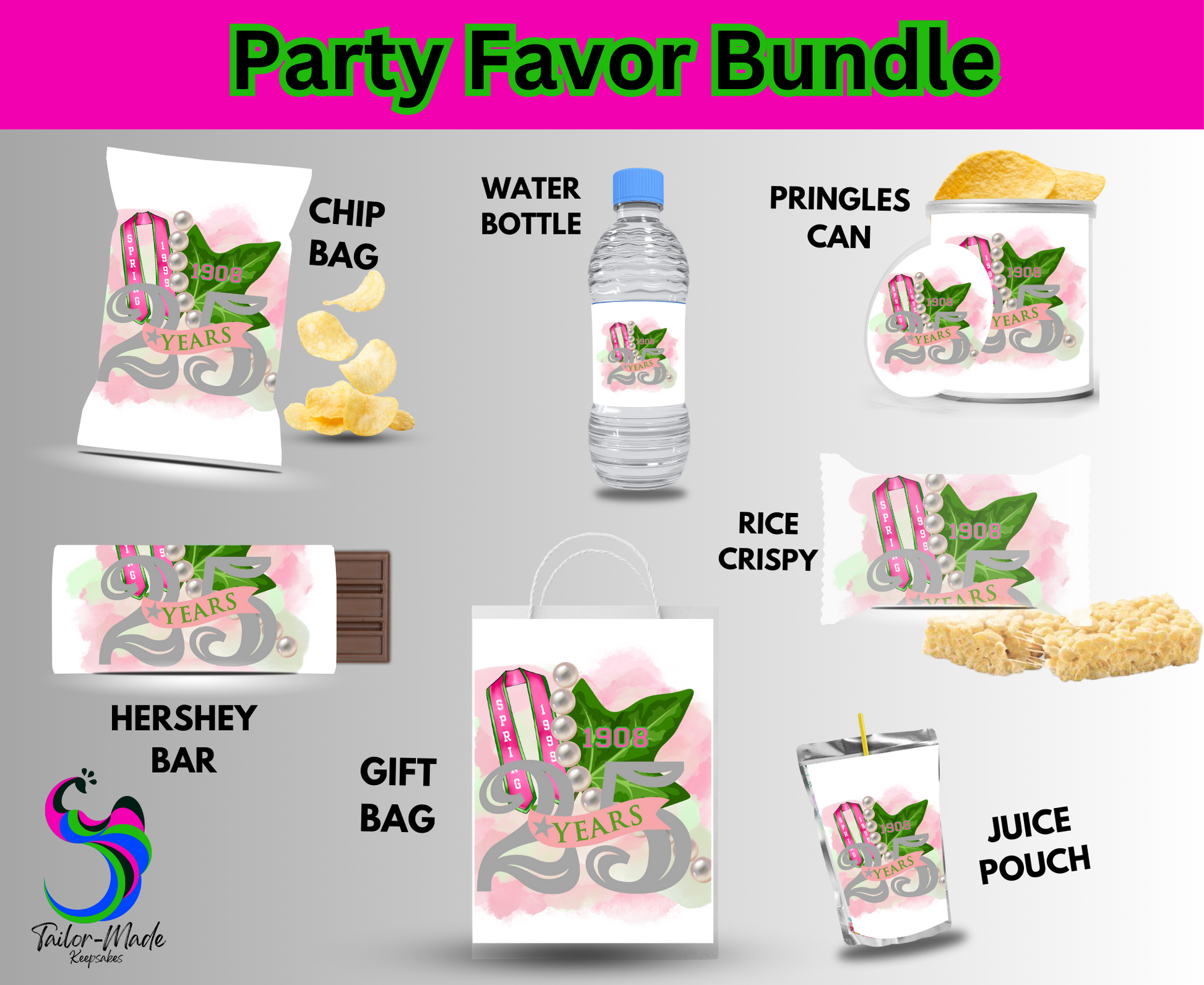 "Custom candy wrappers with photo and name for birthday party"

"Personalized chip bag party favors for baby shower"

"Custom Capri Sun labels for kids' party"

"Edible favors with unique packaging for graduation"

"Custom party favor bundles for all occasions"