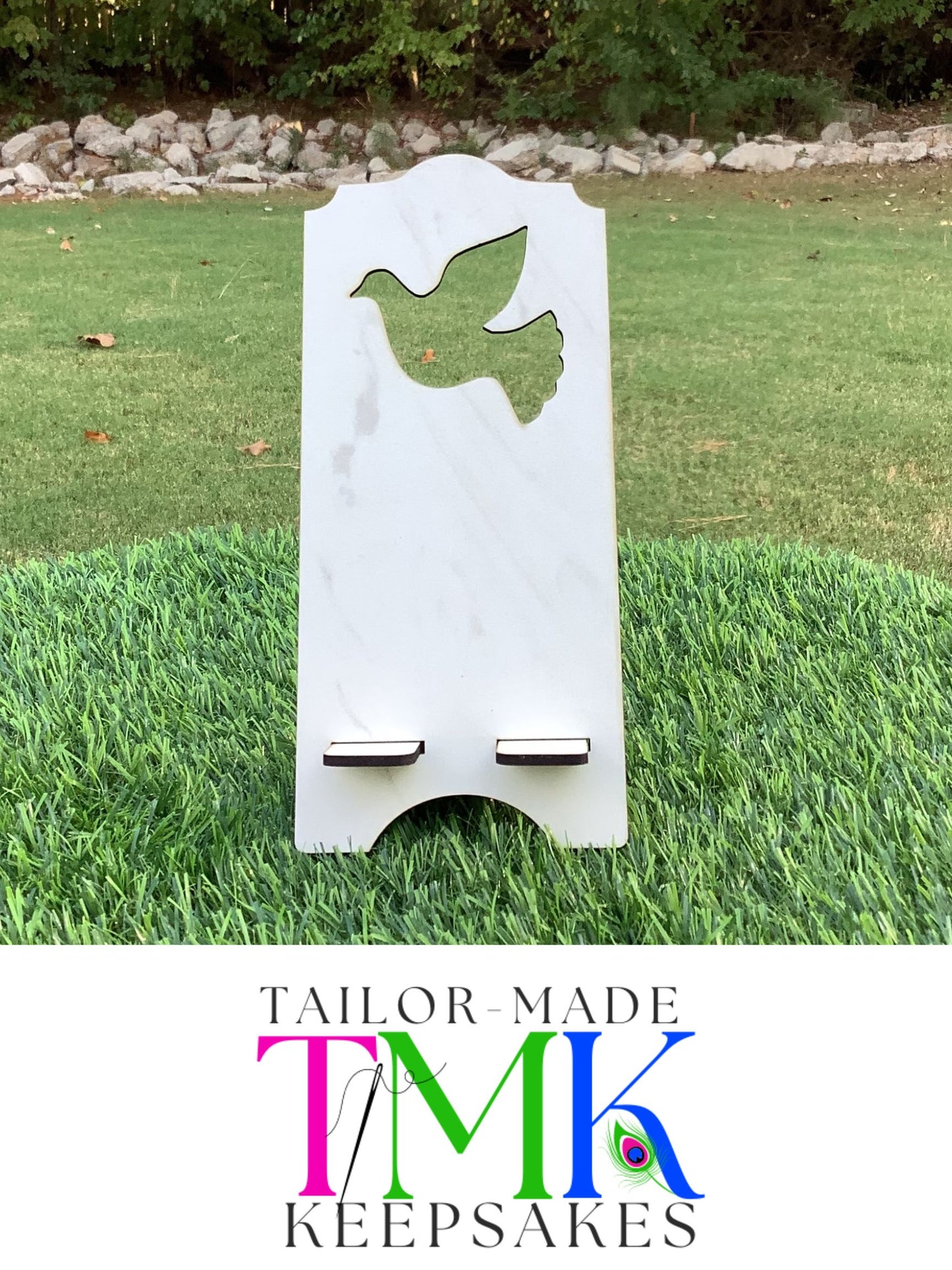 Dove silhouette phone stand in faux marble wood.  Great gift ideas for those who enjoy doves or weddings and religious ideas. 