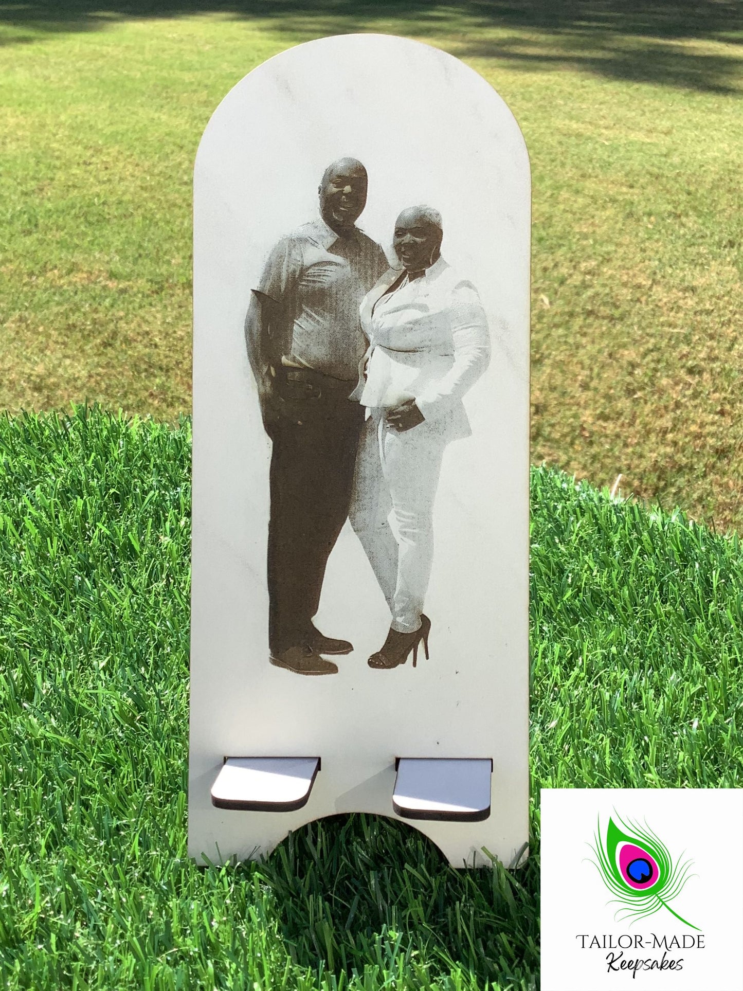 Photo Engraved phone stand perfect for wedding and thinking of you gifts.  Great custom wood gifts.