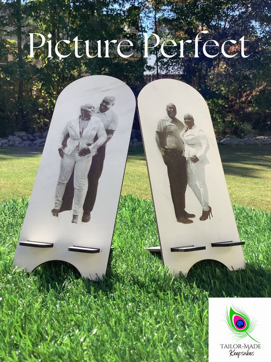 Faux marble photo engraved phone stand.