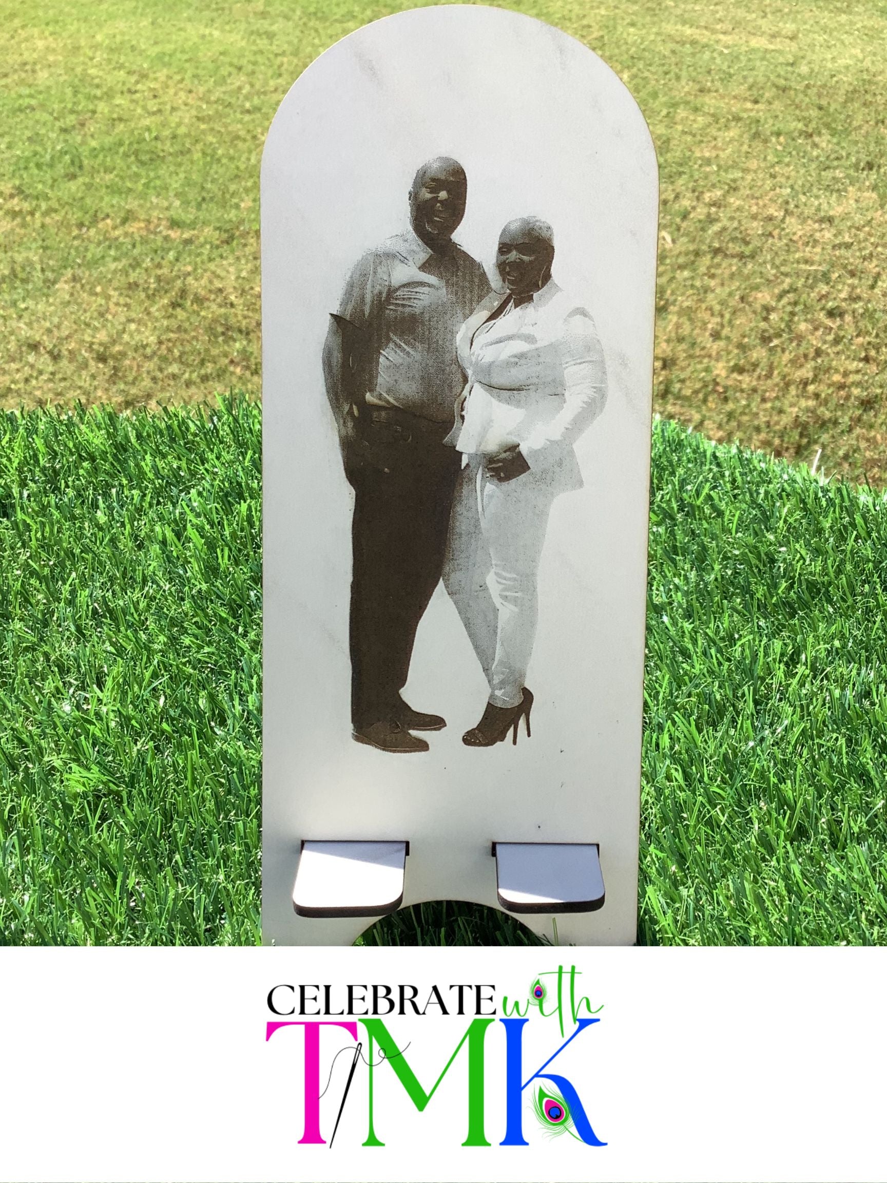 Faux marble photo engraved phone stand, good for wedding gifts, bridal shower, group or family photo gifts.