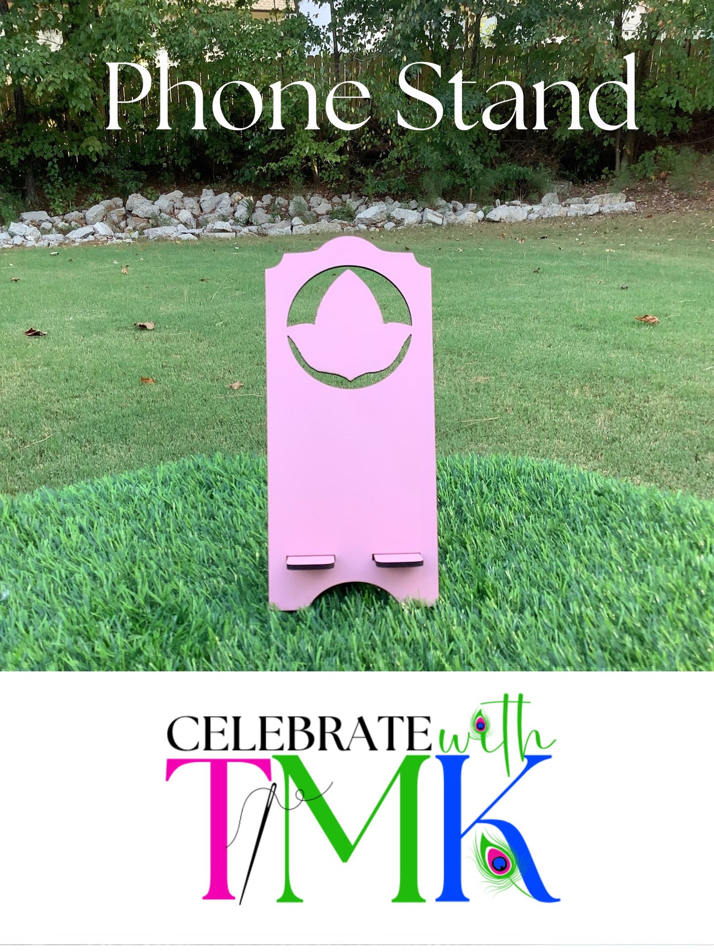 Pink stencil cut ivy leaf phone stand.