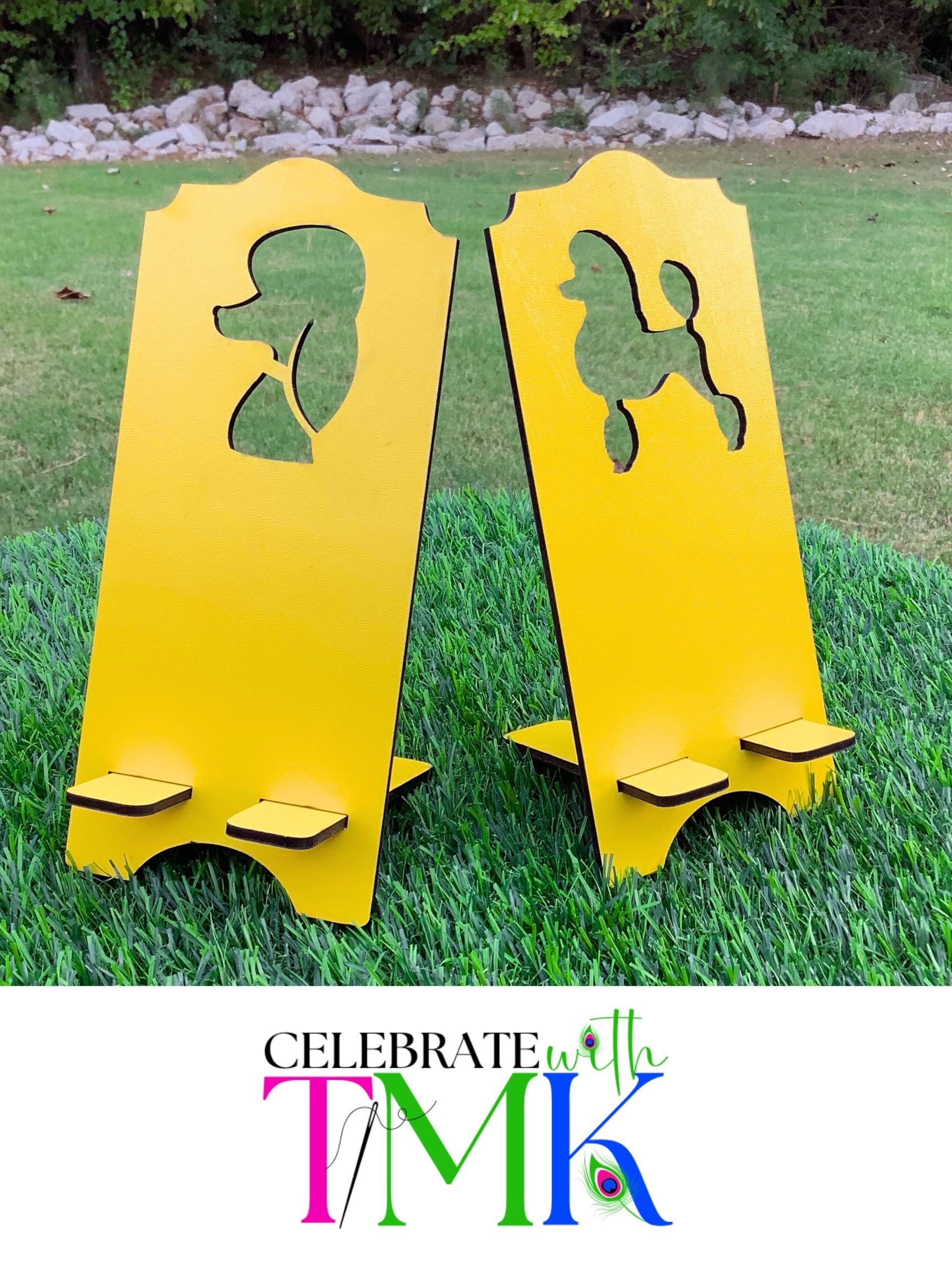 Poodle silhouette phone stand.  One with full poodle silhouette and one stand shown has headshot poodle silhouette. 