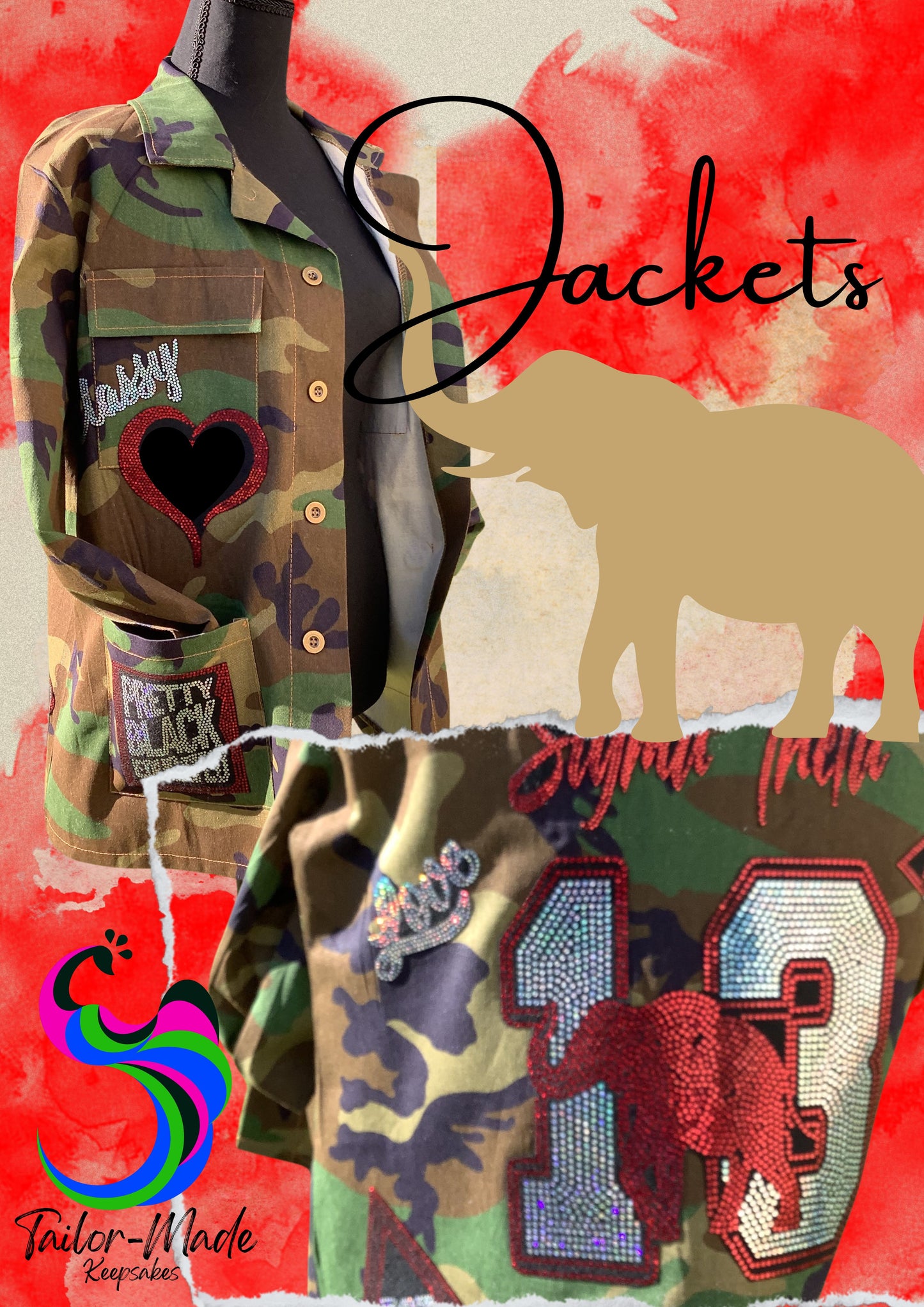 Delta Sigma Theta camo jacket, DST red and white apparel, custom Delta jacket, handmade sorority jacket, Delta Sigma Theta clothing, sorority gift ideas, DST spangle patch jacket, Delta line reveal outfit