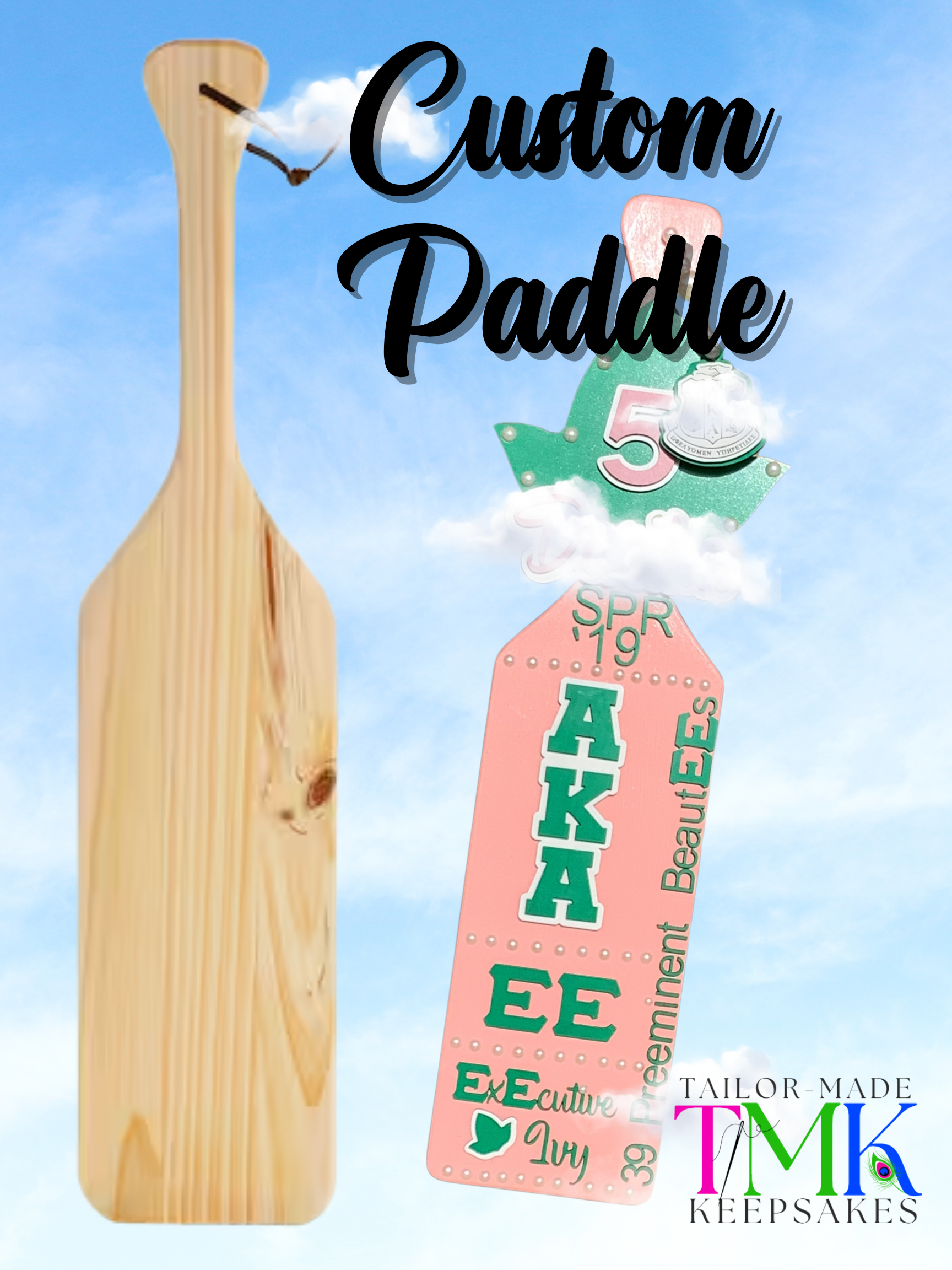 A custom sorority wooden paddle with personalized embellishments. AKA inspired crossing gift paddle.