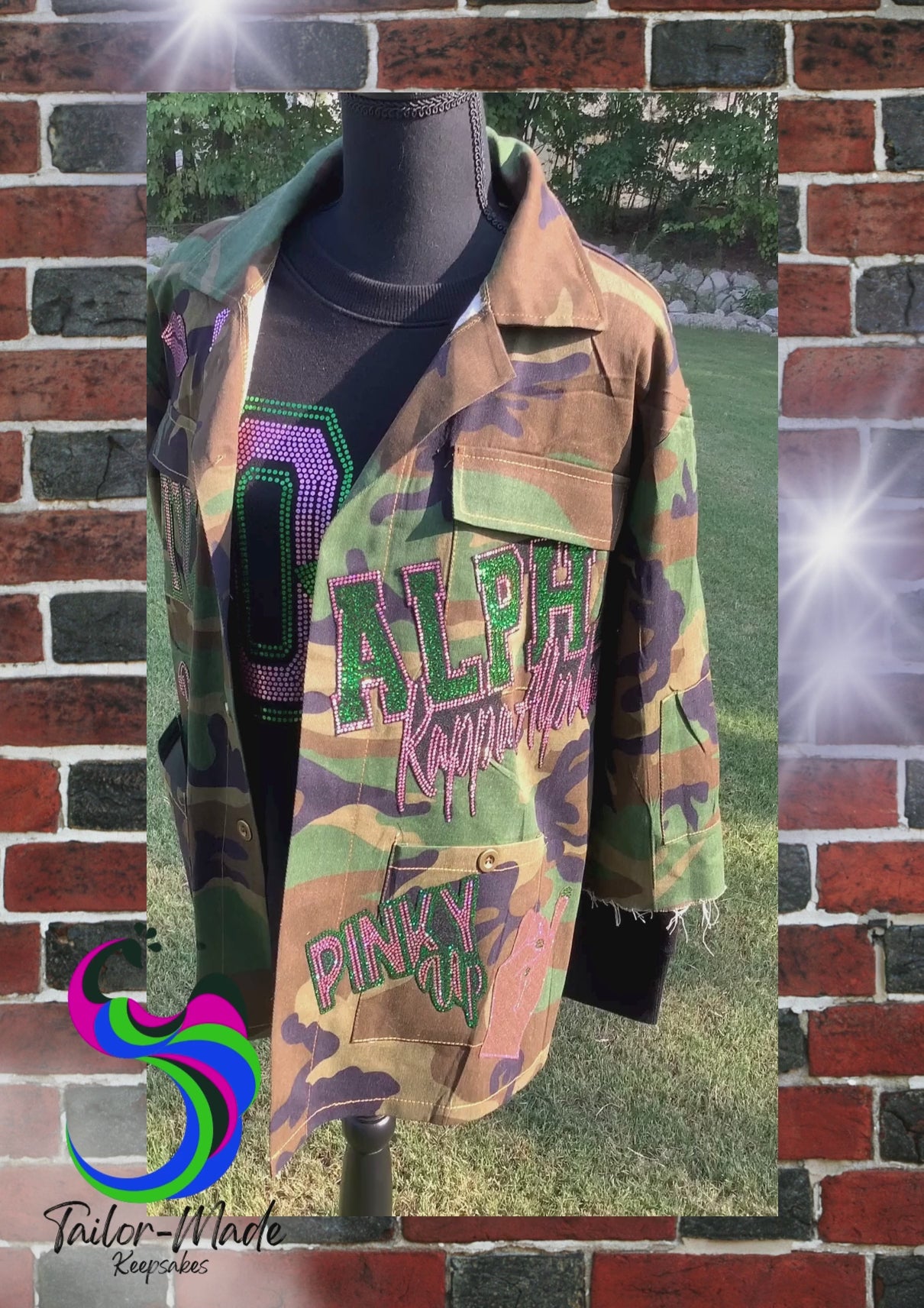 Show your Pretty Girl pride in this standout bling camo jacket – a lightweight, unlined shirt-style jacket adorned with handmade pink and green spangle patches that sparkle with purpose. Whether you're strolling through campus, heading to chapter events, or repping your legacy, this camo jacket combines style, comfort, and sorority sisterhood.
