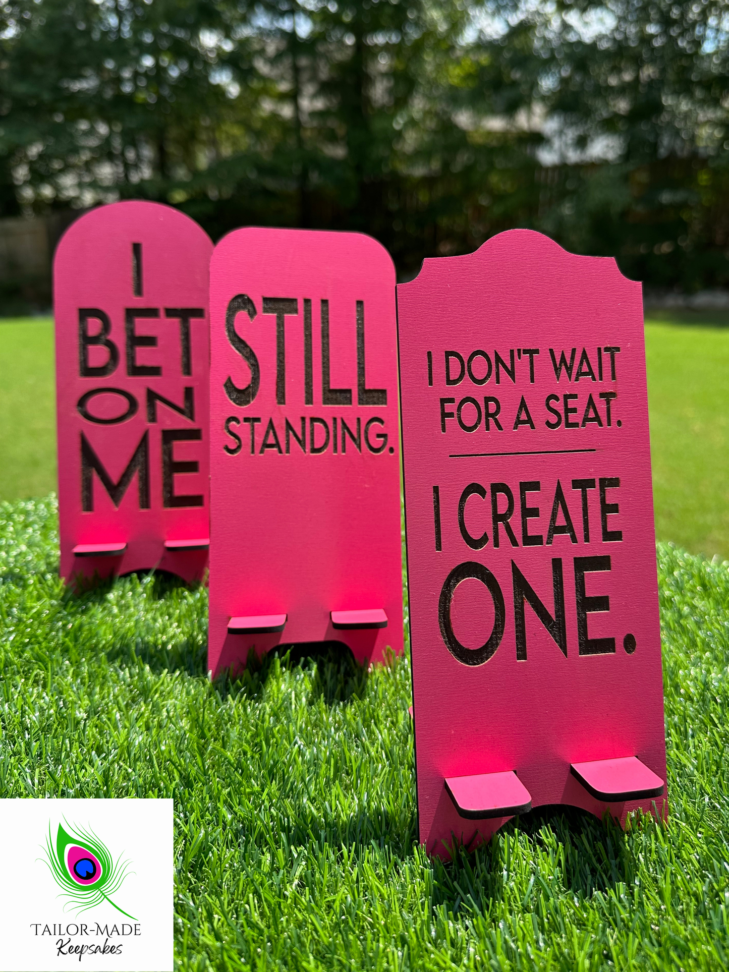 Set of three laser engraved Statement Stand motivational phone holders, pink handmade MDF desk decor with empowering quotes