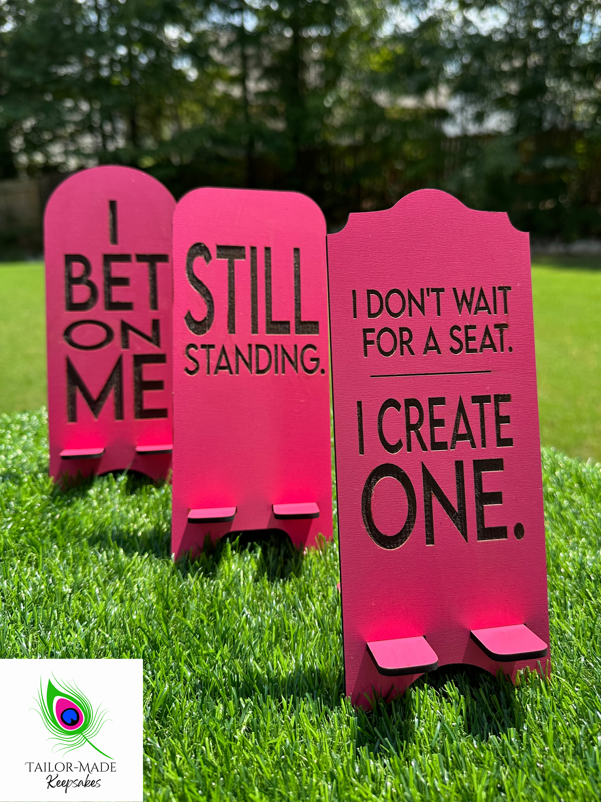 Set of three laser engraved Statement Stand motivational phone holders, pink handmade MDF desk decor with empowering quotes